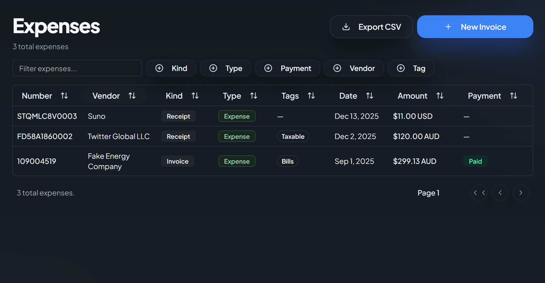Expense list table with status chips, totals, and filters.